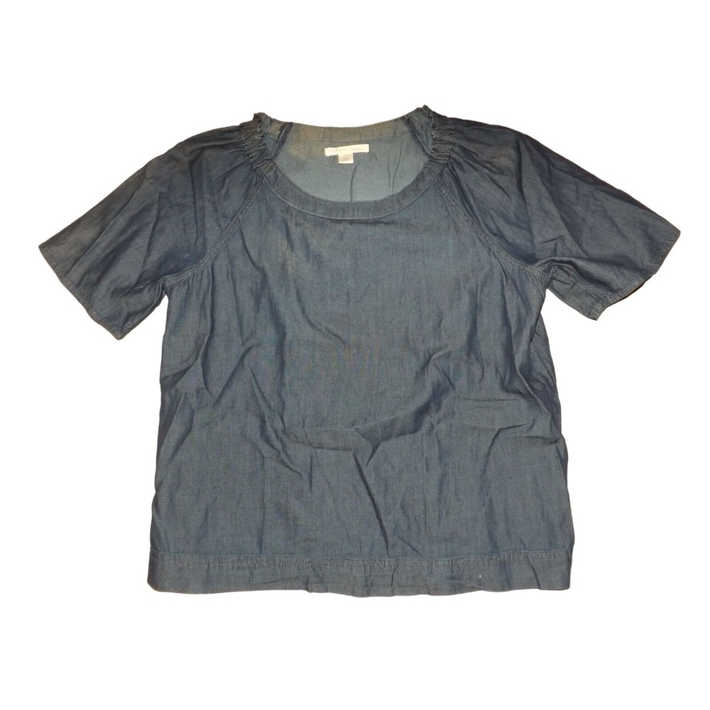 Caslon Denim Top Women Sz XS Blue Short Sleeve Chambray Blouse Ruched Neck Boho